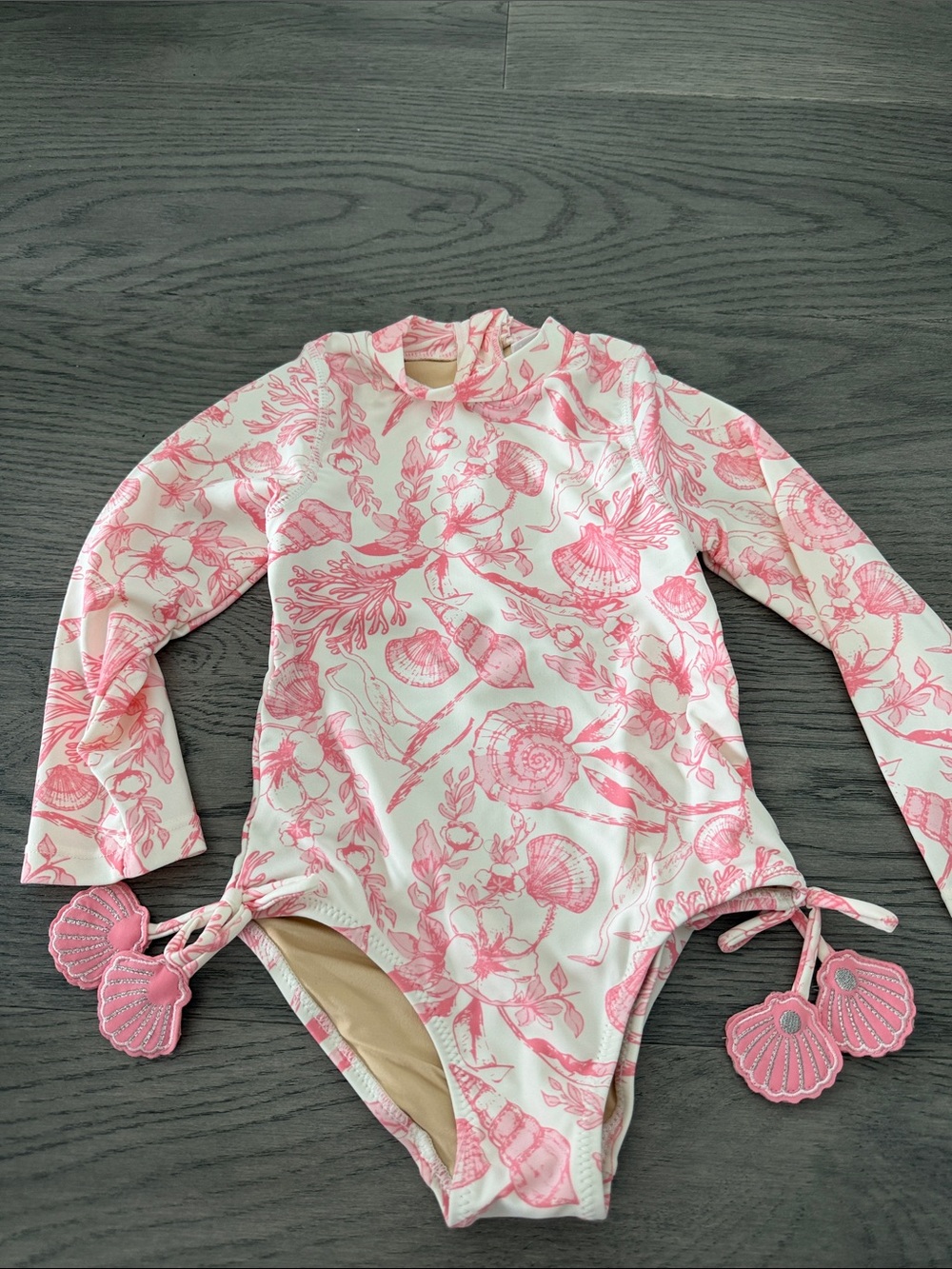 Girls' Pink Seashell Long-Sleeve One-Piece Swimsuit